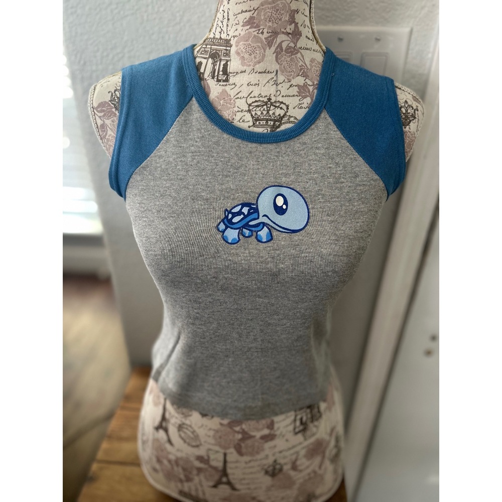 Next Generation Ribbed Tank Top Women's Gray Blue Turtle Sleeveless Casual Y2K